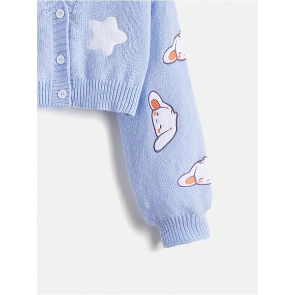 Women's Cartoon Pattern Cardigan Acrylic Long Sleeve V Neck Button Crop Top - Picture 3 of 4